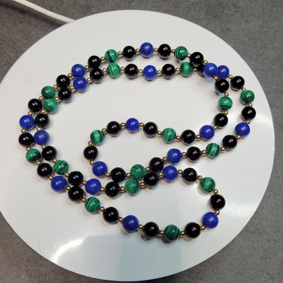 Natural Gemstone NecklaceLapis, Malachite & Onyx30”